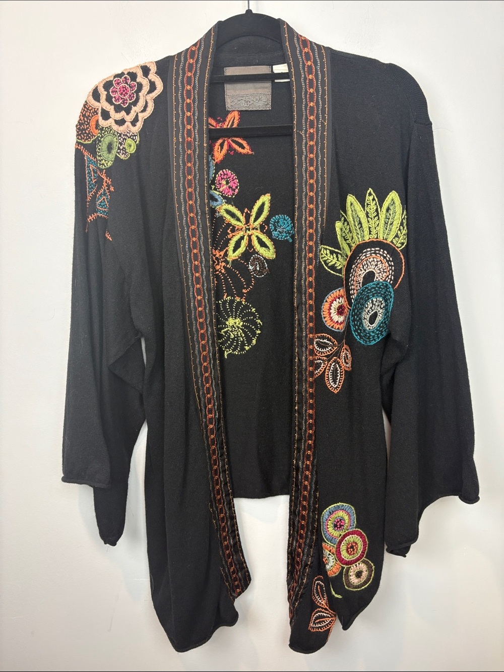Black Embroidered Open-Front Women's Cardigan